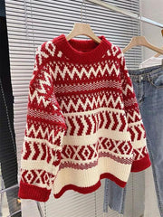 Women's Christmas geometric pattern round neck pullover sweater - 808Lush