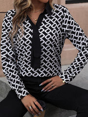 Women's V-lapel printed long-sleeved shirt - 808Lush