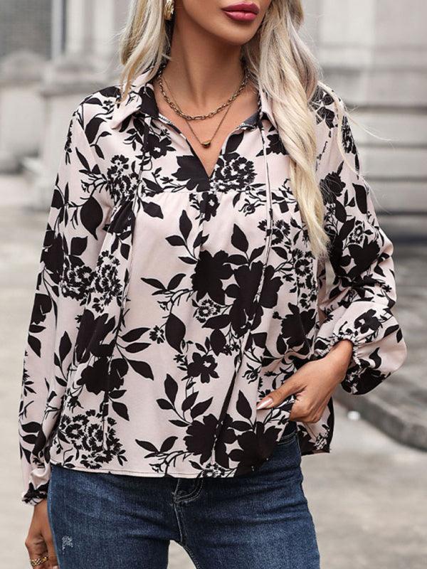 Women's V-neck lace-up printed shirt - 808Lush