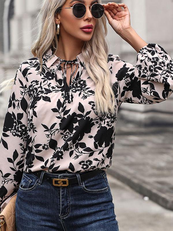 Women's V-neck lace-up printed shirt - 808Lush