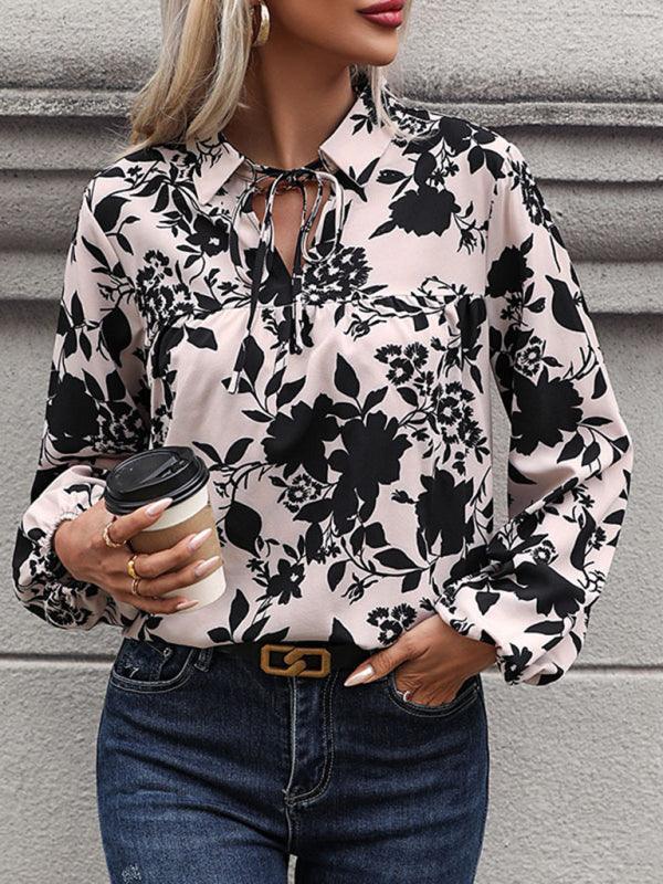 Women's V-neck lace-up printed shirt - 808Lush