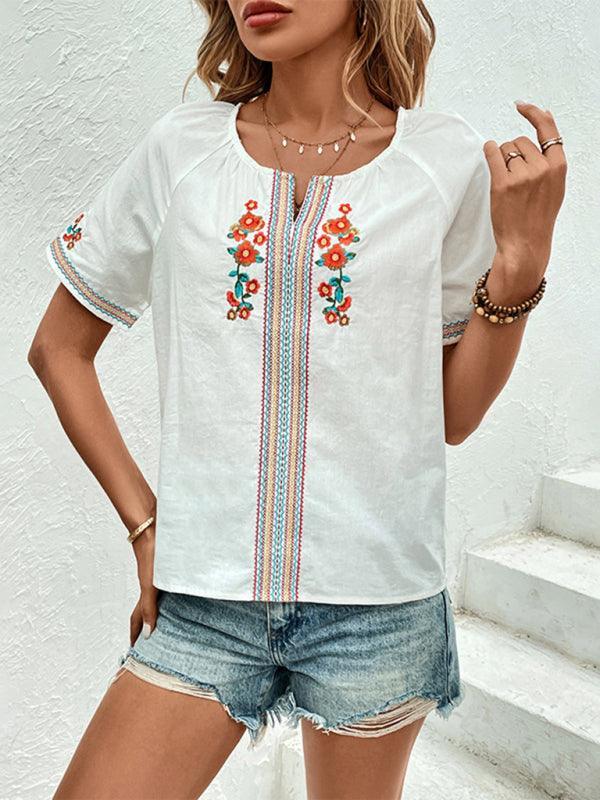 Women's casual V-neck design top embroidered shirt - 808Lush