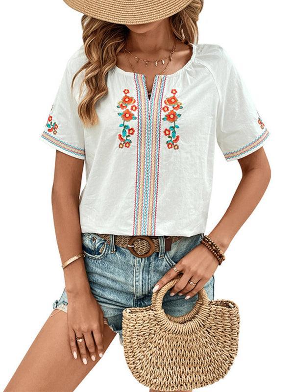 Women's casual V-neck design top embroidered shirt - 808Lush