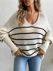 Women's casual loose striped V-neck long-sleeved woolen top - 808Lush