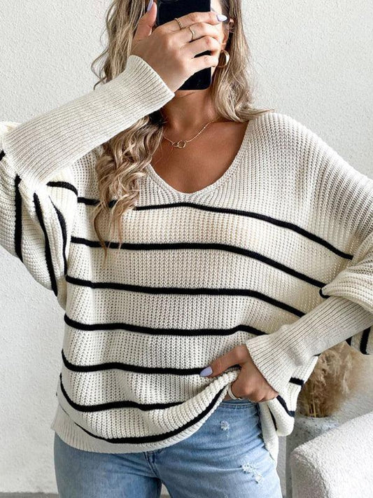 Women's casual loose striped V-neck long-sleeved woolen top - 808Lush