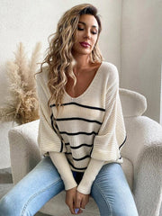 Women's casual loose striped V-neck long-sleeved woolen top - 808Lush