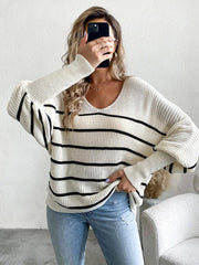 Women's casual loose striped V-neck long-sleeved woolen top - 808Lush