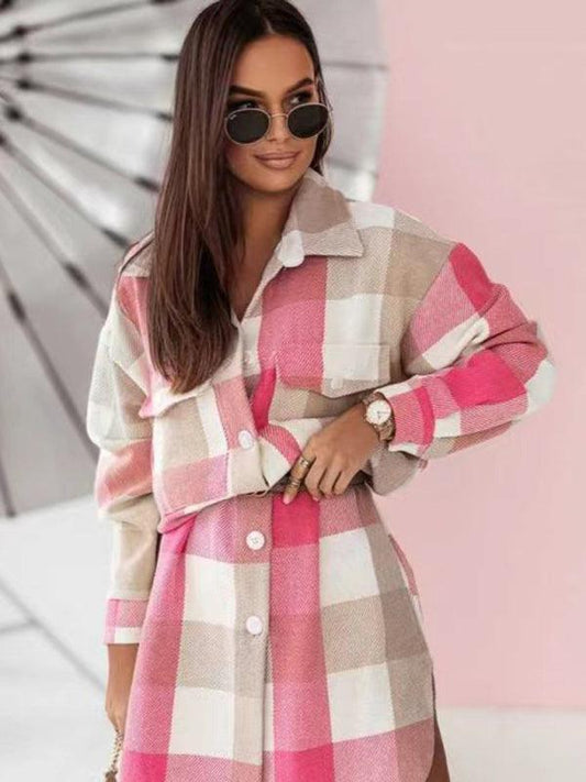 Women's flannel plaid long windbreaker fashionable shirt woolen jacket - 808Lush