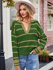 Women's patchwork striped sweater lapel loose large size sweater - 808Lush