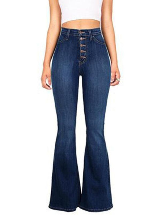 Women's high-waist washed button slim fit slightly flared wide-leg denim trousers - 808Lush