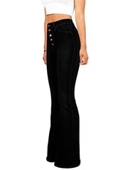 Women's high-waist washed button slim fit slightly flared wide-leg denim trousers - 808Lush