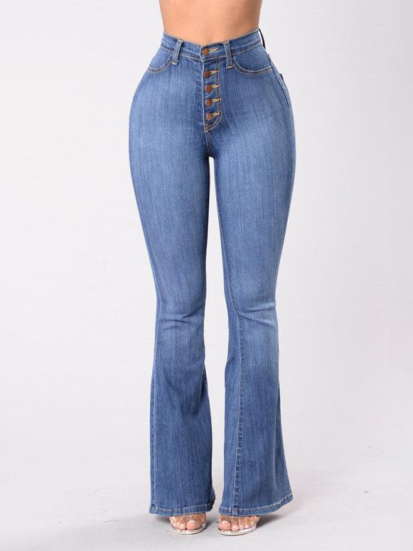 Women's high-waist washed button slim fit slightly flared wide-leg denim trousers - 808Lush