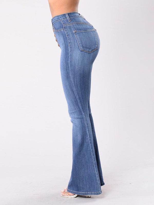 Women's high-waist washed button slim fit slightly flared wide-leg denim trousers - 808Lush