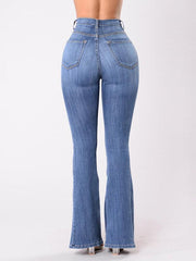 Women's high-waist washed button slim fit slightly flared wide-leg denim trousers - 808Lush