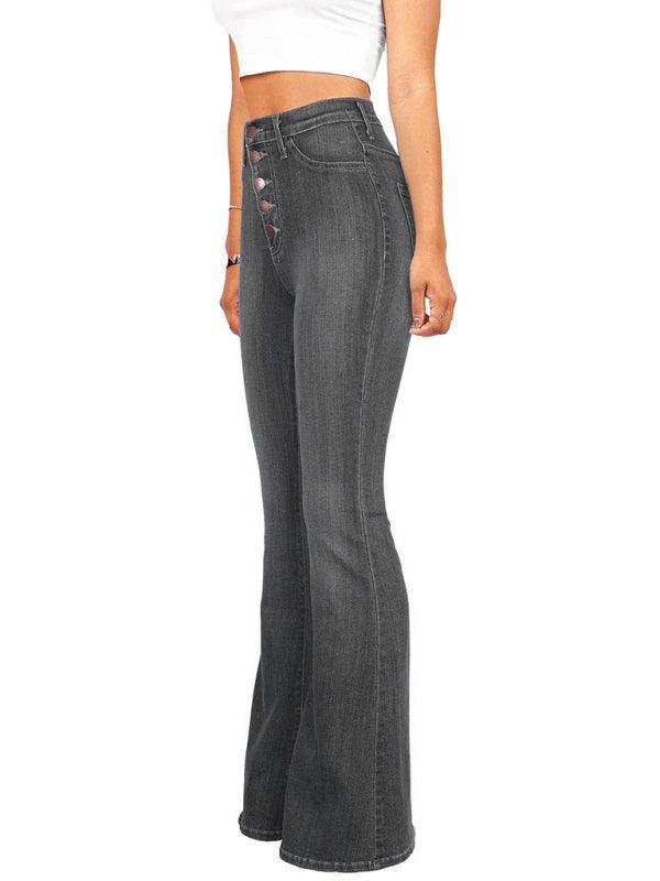 Women's high-waist washed button slim fit slightly flared wide-leg denim trousers - 808Lush