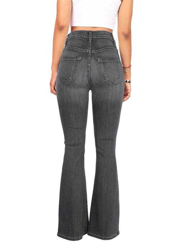 Women's high-waist washed button slim fit slightly flared wide-leg denim trousers - 808Lush