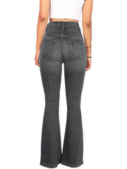 Women's high-waist washed button slim fit slightly flared wide-leg denim trousers - 808Lush