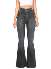 Women's high-waist washed button slim fit slightly flared wide-leg denim trousers - 808Lush