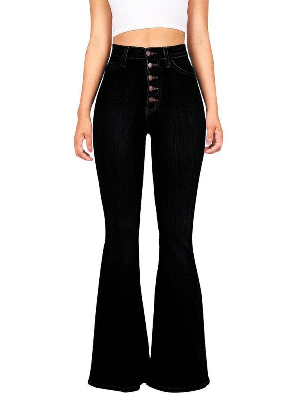 Women's high-waist washed button slim fit slightly flared wide-leg denim trousers - 808Lush