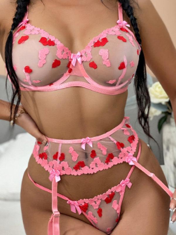 Women's lace hollow sexy love underwear and garter three-piece set - 808Lush