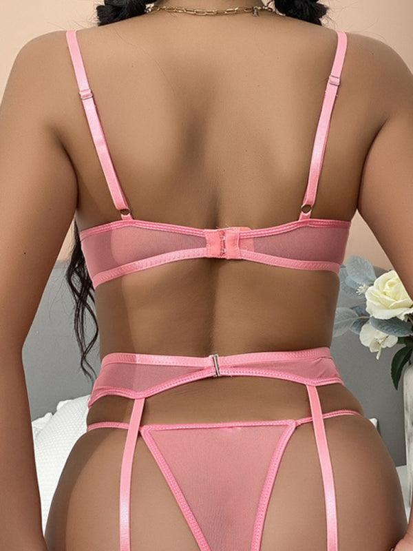 Women's lace hollow sexy love underwear and garter three-piece set - 808Lush