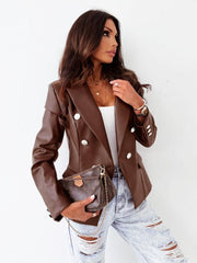 Women's long-sleeved double-breasted fashionable PU leather blazer - 808Lush