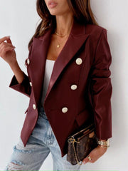 Women's long-sleeved double-breasted fashionable PU leather blazer - 808Lush