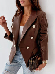 Women's long-sleeved double-breasted fashionable PU leather blazer - 808Lush