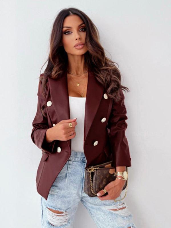 Women's long-sleeved double-breasted fashionable PU leather blazer - 808Lush