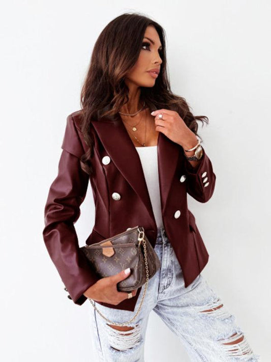 Women's long-sleeved double-breasted fashionable PU leather blazer - 808Lush