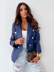 Women's long-sleeved double-breasted fashionable PU leather blazer - 808Lush