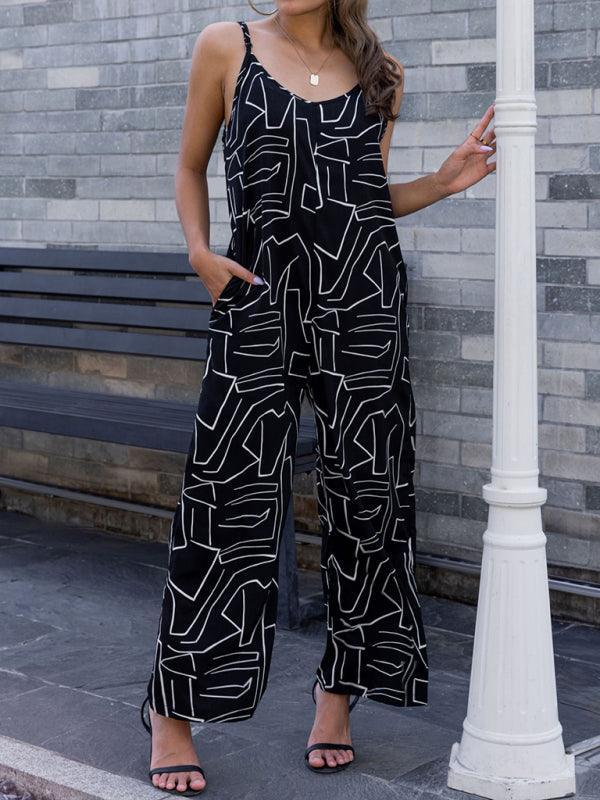 Women's pattern loose suspender long jumpsuit - 808Lush