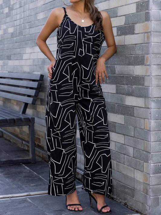 Women's pattern loose suspender long jumpsuit - 808Lush