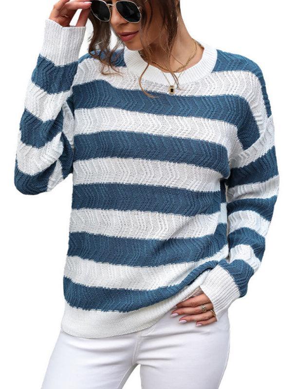 Women's round neck long sleeve striped sweater - 808Lush