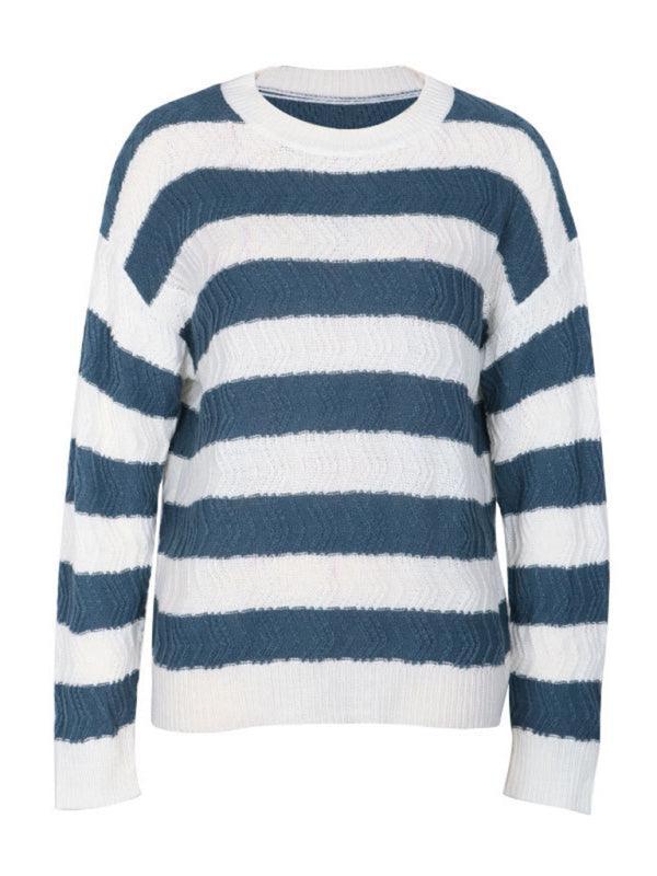 Women's round neck long sleeve striped sweater - 808Lush