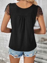 Women's short-sleeved V-neck patchwork lace top - 808Lush