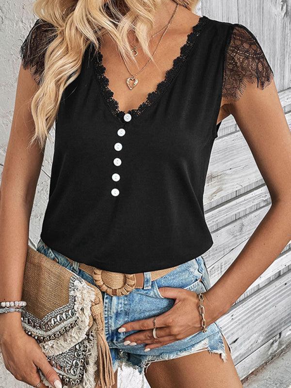 Women's short-sleeved V-neck patchwork lace top - 808Lush