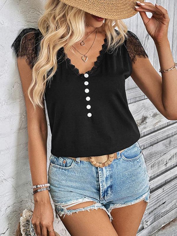 Women's short-sleeved V-neck patchwork lace top - 808Lush