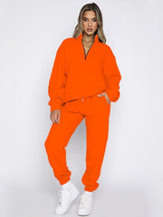 Women's stand-up collar zipper pullover long-sleeved sweatshirt and trousers suit - 808Lush