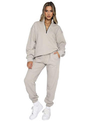 Women's stand-up collar zipper pullover long-sleeved sweatshirt and trousers suit - 808Lush