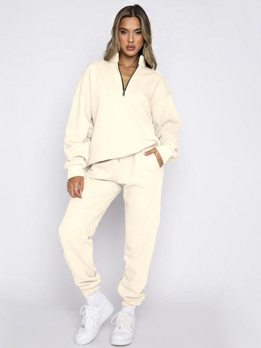 Women's stand-up collar zipper pullover long-sleeved sweatshirt and trousers suit - 808Lush