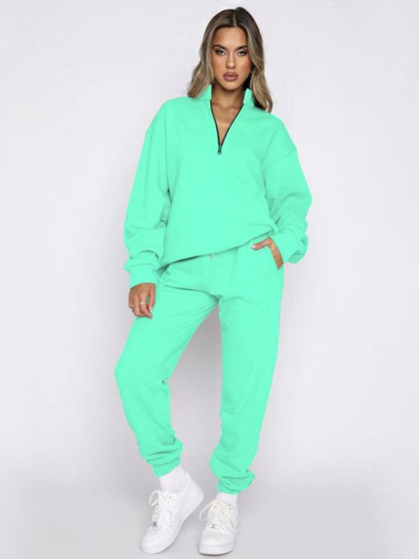 Women's stand-up collar zipper pullover long-sleeved sweatshirt and trousers suit - 808Lush