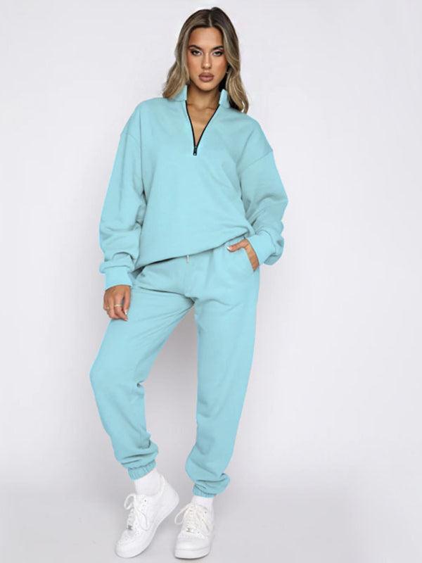 Women's stand-up collar zipper pullover long-sleeved sweatshirt and trousers suit - 808Lush