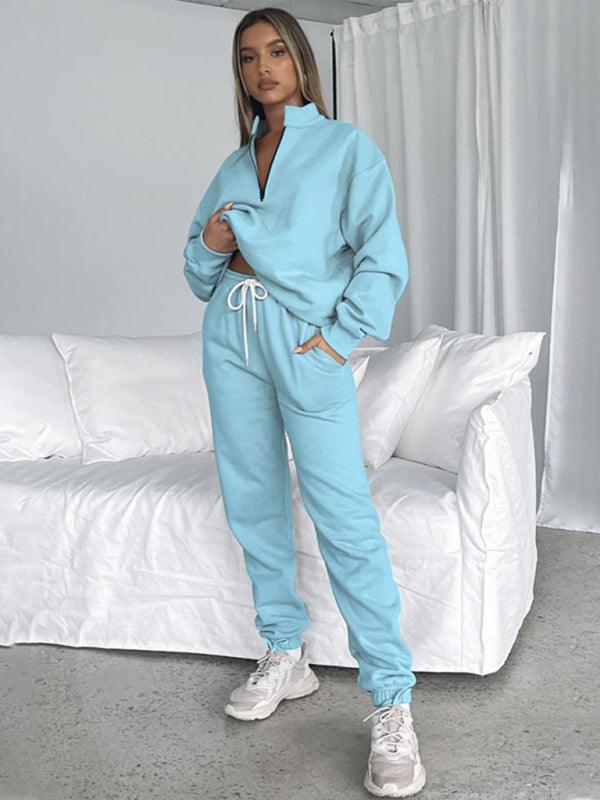 Women's stand-up collar zipper pullover long-sleeved sweatshirt and trousers suit - 808Lush