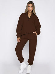 Women's stand-up collar zipper pullover long-sleeved sweatshirt and trousers suit - 808Lush