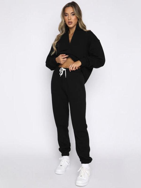 Women's stand-up collar zipper pullover long-sleeved sweatshirt and trousers suit - 808Lush