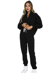 Women's stand-up collar zipper pullover long-sleeved sweatshirt and trousers suit - 808Lush