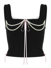 style French pearl suspender lace splicing strap waist vest - 808Lush