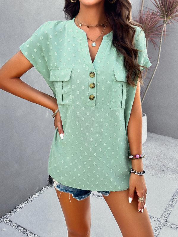 Women's casual jacquard V-neck button top - 808Lush