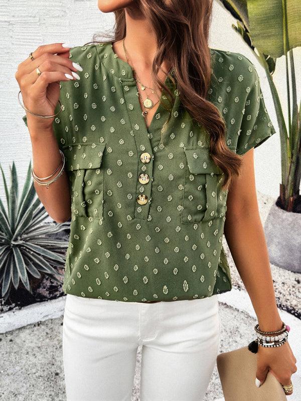 Women's casual jacquard V-neck button top - 808Lush